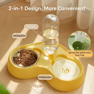 Modern 2-in-1 pet feeder with stainless steel bowl and 400ml gravity water bottle in yellow