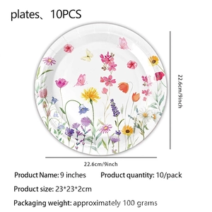 Detailed view of 9-inch disposable paper plates with colorful wildflower patterns
