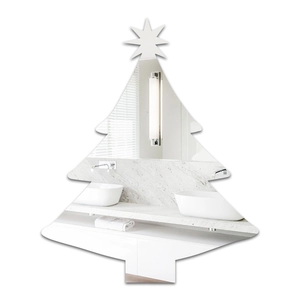 Detailed view of silver acrylic Christmas tree mirror reflecting modern bathroom interior