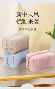Detail of semi-circle PU makeup bags in floral jacquard fabric with M-shape metal zipper