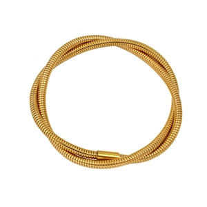 Close-up of gold stainless steel multi-layer snake chain with polished cylindrical clasp