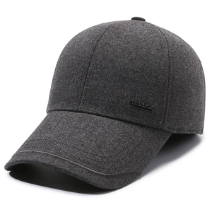 Men's wool baseball cap in dark grey with warm ear flaps and side metal logo plaque