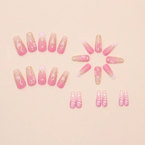 Pink gradient coffin fake nails with 3D flower designs and gold line accents 24pcs set