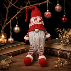 Close-up of a festive Christmas gnome with striped knitted hat on a rustic background