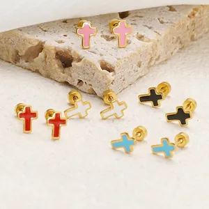 Minimalist gold stainless steel cross stud earrings with colorful enamel oil finish