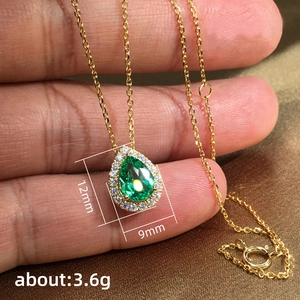 Micro-set emerald green zircon teardrop necklace in gold-tone finish with dimensions