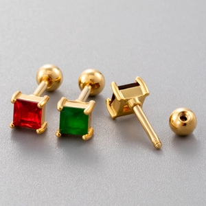 Golden stainless steel screw back stud earrings with red and green square gemstones