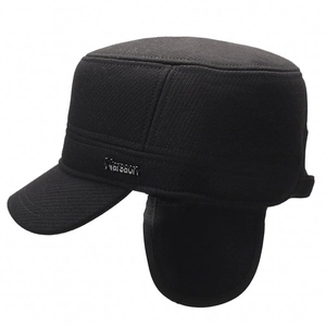Black winter flat top army cap for men featuring fold-down ear flaps and thick thermal fabric
