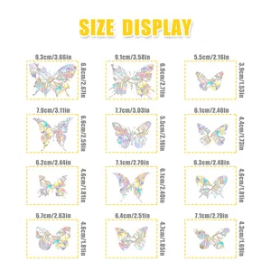 Size display showing dimensions for various rainbow butterfly prism window stickers