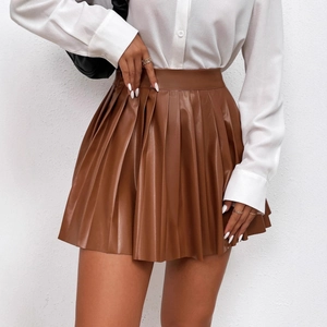 Gonna da tennis plissettata marrone a vita alta in pelle PU per abbigliamento quotidiano