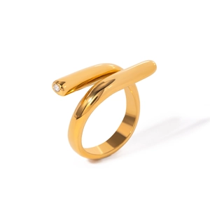 Intertwined 18k gold plated stainless steel ring with crystal stone accent on white background