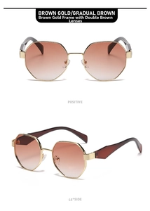Detailed view of polygonal tea-gold metal frames with gradient brown lenses and wide temples