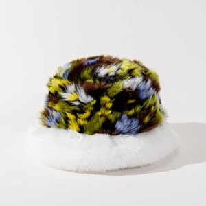 Colorful patchwork faux fur bucket hat with warm white plush trim for women's winter fashion