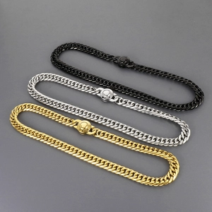 Detailed view of 11mm Cuban link chains in black, silver, and gold with CNC buckle