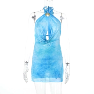 Detailed view of blue tie-dye mesh mini dress featuring halter neck and backless design