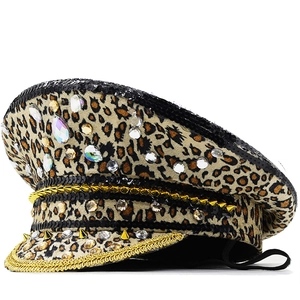 Leopard Print Military Captain Hat With Rhinestones Sequins And Gold Trim For Party Festival Performance Novelty Accessory