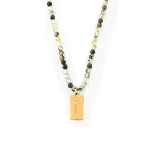 Forest Style Stainless Steel Gold Plated Necklace Handmade Beads With Agate Love Pendant Rectangle Tag Jewelry Women