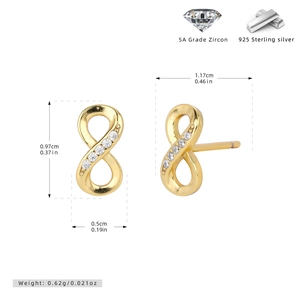 Detail view of 925 sterling silver infinity earrings with 5A zircon and size specs