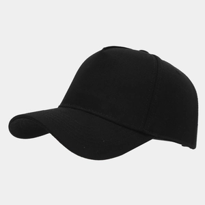 Vue latérale détaillée d'une casquette de baseball noire à 5 panneaux en coton à visière