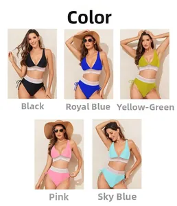 Collage de bikinis taille haute avec ceinture à rayures colorées en cinq couleurs vives