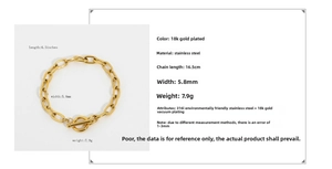 Detail of 18K gold-plated stainless steel paperclip chain with OT toggle clasp and dimensions