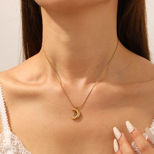 Crescent Moon Pendant Necklace Stainless Steel Zircon Dainty Gold Plated Snake Bone Chain Goddess Jewelry For Women