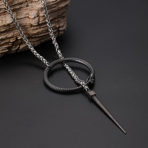 Vintage stainless steel snake pendant necklace with black circle and pointed cone charm