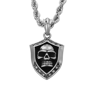 Silver punk skull shield pendant necklace with sparkling crystals and twisted chain