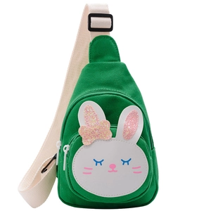 Green cartoon rabbit canvas chest bag for kids with adjustable strap and dual zippers