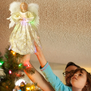 Luminous Christmas tree topper angel with white feathers and gold embroidery led light
