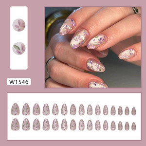 Purple cat eye almond press-on nails set with floral patterns and 24 pieces kit