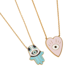 18K gold plated stainless steel necklaces with pink heart and Hamsa evil eye charms