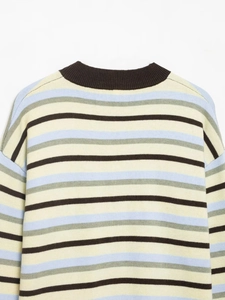 Close-up of ribbed crew neck and multi-colored striped knit pattern on back of sweater