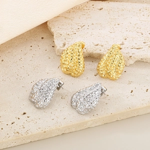 Irregular Geometric Stud Earrings Stainless Steel Hammered Texture Lava Water Drop Shape Minimalist Jewelry For Women
