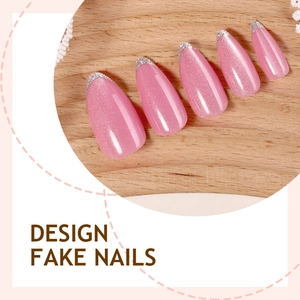 Pink cat eye fake nails with silver glitter French tips and almond shape set of 24