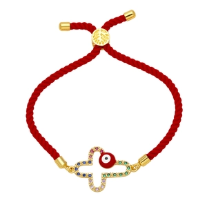 Red braided rope bracelet with golden cross, colorful zircon and red devil eye bead