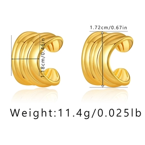Detailed view of gold plated C-shaped chunky hoop earrings with size and weight specs