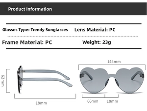 Detailed size chart for rimless heart sunglasses with 144mm width and PC material specs