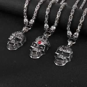 Punk skull mask pendants with king chain and red gemstone in polished silver steel