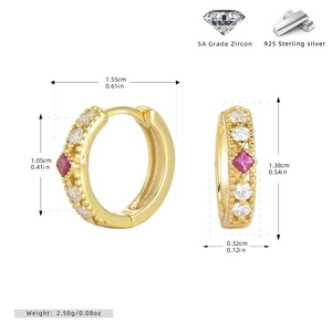 Detailed macro view showing dimensions of gold S925 silver earrings with 5A zircon stones
