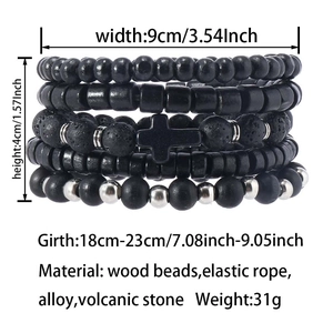 Detailed dimensions for multi-layer wood and volcanic stone beaded bracelet with cross