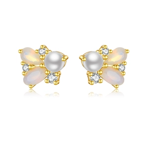 Elegant 925 silver golden butterfly stud earrings with pearls and zircon crystals