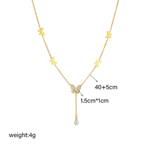 Elegant gold titanium necklace with butterfly pendant, pearl, and chain tassel