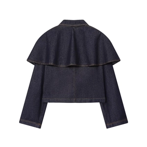 Back view of stylish dark blue denim jacket with unique cape style ruffles and stitching