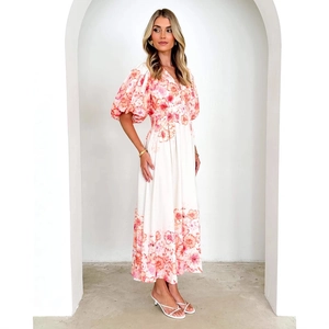 Floral V-neck maxi dress with puff sleeves and A-line silhouette for summer vacation style