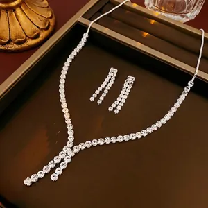 Elegant Zircon Tassel Necklace And Fringe Earrings Jewelry For Women Luxury Silver Color Plated Copper Sparkle Accessory