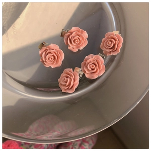 Detail of five 3D resin rose hair clips in soft pink finish on a silver metal tray