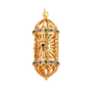 Golden hollow cylinder pendant with colorful gemstones and Evil Eye motif for DIY jewelry