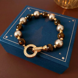 Vintage Beaded Bracelet For Women Real Gold Plated Copper Faux Tiger Eye Stone Artificial Pearl Cubic Zirconia Geometric
