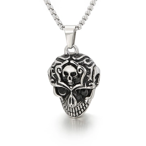Retro stainless steel skull pendant necklace for men with black gemstone eyes